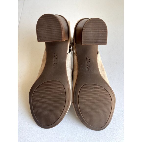 Clarks Artisan Nude Cream Leather Peep Toe Slingback Heels Stacked Heel Size 8.5 - Picture 5 of 5
